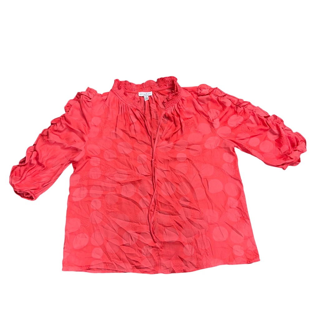 Current Air Blouse Womens Medium Red Excellent Ruffle Tie Front Jacquard Dot
